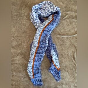 Anthropologie Three Bird’s Nest Blue & White Patterned Scarf with Orange Accent